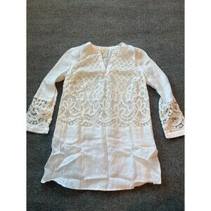 Chicos Womens White Floral Crochet V Neck Long Sleeve Linen Blouse Top Size 0